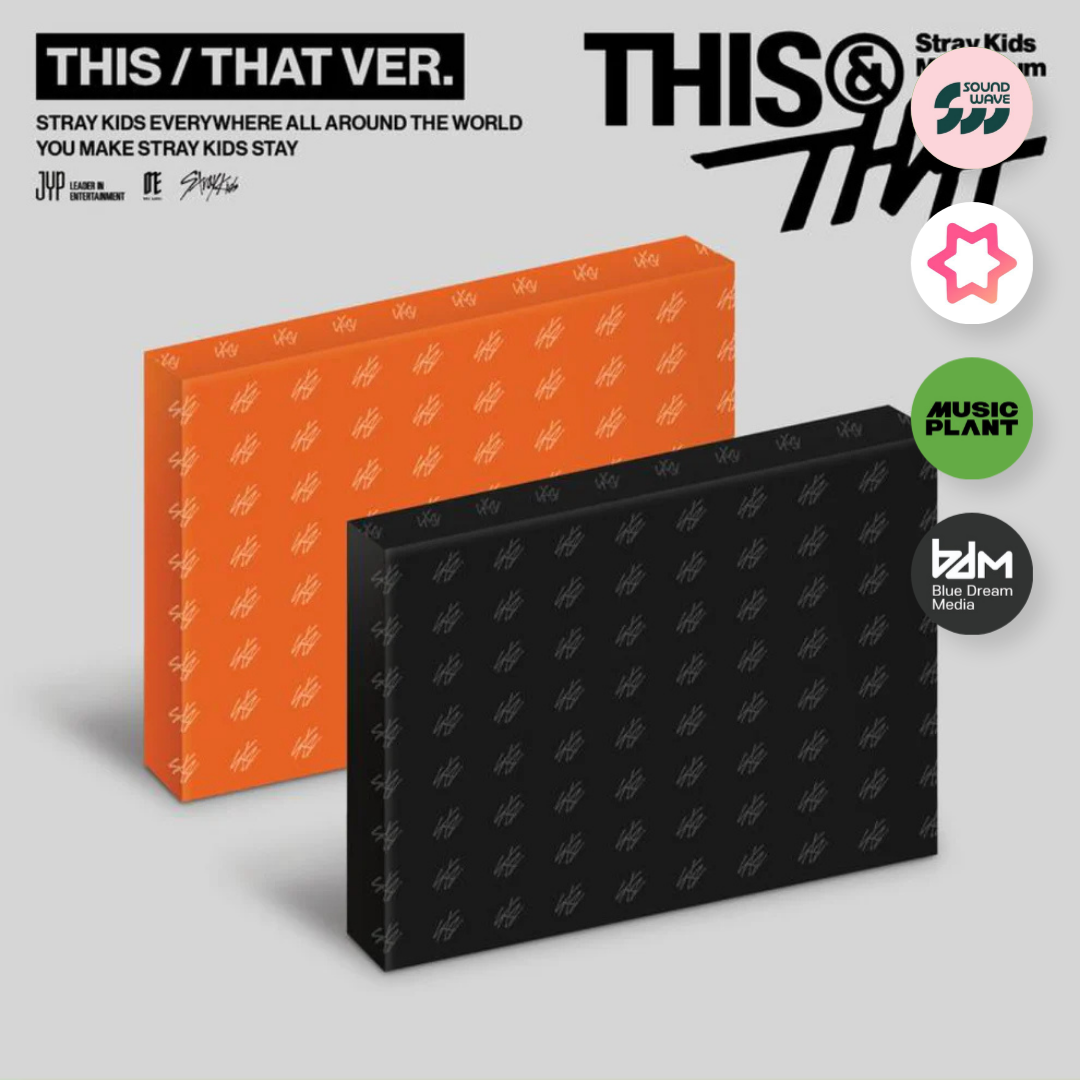 STRAY KIDS THIS & THAT Album Pre-order. UK Kpop Shop NABIITOPIA CHUCHUCHERRY. PHOTOCARD POB SOUNDWAVE, MUSIC PLANT, MAKESTAR BLUE DREAM MEDIA, BDM. Cover choice version selectable. POB member preference. Korean comeback pre-order benefit limited edition first press album for STAYS and kpop stans. JYP boy group SKZ Bang Chan, Felix, Hyunjin, Han, Lee Know, Seungmin, Changbin and I.N.