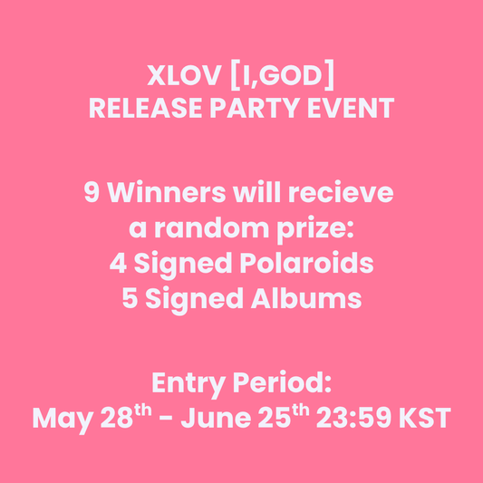 XLOV I,GOD RELEASE PARTY EVENT Album Pre-order. Win a signed polaroid prize and signed albums from KODY. OFFICIAL CHUCHUCHERRY Exclusive POB Photocard. UK Kpop Shop. I,GOD Release Party. Cover choice version selectable. Korean comeback pre-order benefit limited edition first press album for EVOL and kpop stans. Get ready to SERVE with Wumuti, Rui, Hyun & Haru Unit.