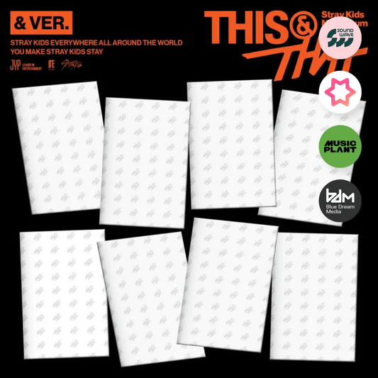 STRAY KIDS THIS & THAT Album Pre-order. UK Kpop Shop NABIITOPIA CHUCHUCHERRY. PHOTOCARD POB SOUNDWAVE, MUSIC PLANT, MAKESTAR  BLUE DREAM MEDIA, BDM.  Cover choice version selectable. POB member preference. Korean comeback pre-order benefit limited edition first press album for STAYS and kpop stans. JYP boy group SKZ Bang Chan, Felix, Hyunjin, Han, Lee Know, Seungmin, Changbin and I.N.